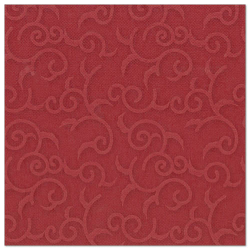 The burgundy, square napkin from the ROYAL Collection by PAPSTAR (40 x 40 cm, 1/4-folded) is adorned with an embossed, evenly distributed vine and snail pattern across the surface.