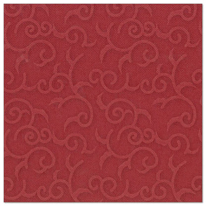 The burgundy, square napkin from the ROYAL Collection by PAPSTAR (40 x 40 cm, 1/4-folded) is adorned with an embossed, evenly distributed vine and snail pattern across the surface.