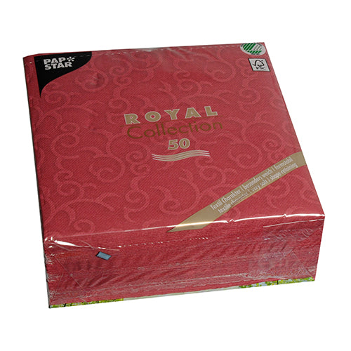 A pack of 50 burgundy PAPSTAR GmbH Napkins "ROYAL Collection" 1/4-fold, 40 x 40 cm, comes in a clear plastic packaging with decorative patterns and branding on the front.