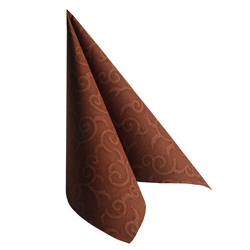A brown napkin from the "ROYAL Collection" by PAPSTAR GmbH (50 napkins, 1/4-fold, 40 x 40 cm) is folded upright into a pointed triangle and presented against a white background.