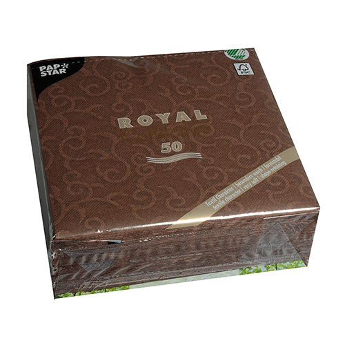 A sealed package of 50 brown PAPSTAR "ROYAL Collection" 1/4-fold napkins in 40 x 40 cm size with swirl pattern; the front reads "ROYAL" and the brand PAPSTAR GmbH is depicted in the top left corner.