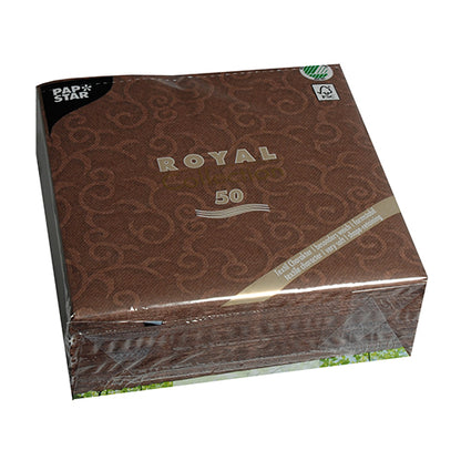 A sealed package of 50 brown PAPSTAR "ROYAL Collection" 1/4-fold napkins in 40 x 40 cm size with swirl pattern; the front reads "ROYAL" and the brand PAPSTAR GmbH is depicted in the top left corner.