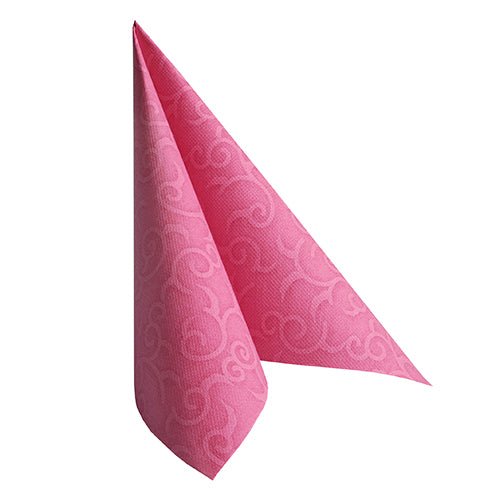 The PAPSTAR 50 napkins "ROYAL Collection" 1/4 fold 40 x 40 cm in fuchsia from PAPSTAR GmbH features a subtle swirl pattern and is depicted upright, triangle-folded, on a white background.