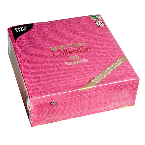 A fuchsia, square pack of 50 PAPSTAR "ROYAL Collection" 1/4 fold napkins (40 x 40 cm) from PAPSTAR GmbH, packaged in plastic with a decorative swirl pattern and the Papstar logo in the top left corner.
