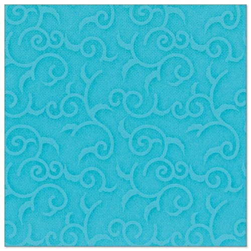 The PAPSTAR GmbH 50 napkins "ROYAL Collection" 1/4 fold 40 x 40 cm turquoise are square turquoise napkins with an embossed swirl and vine pattern that evenly covers the surface.