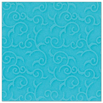 The PAPSTAR GmbH 50 napkins "ROYAL Collection" 1/4 fold 40 x 40 cm turquoise are square turquoise napkins with an embossed swirl and vine pattern that evenly covers the surface.