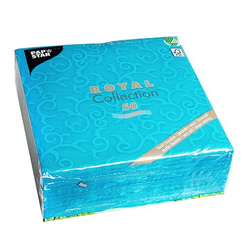 50-pack turquoise PAPSTAR napkins "ROYAL Collection" (40 x 40 cm, 1/4 fold) from PAPSTAR GmbH, with a subtle swirl pattern and environmentally friendly, FSC-certified packaging.