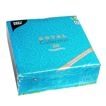 50-pack turquoise PAPSTAR napkins "ROYAL Collection" (40 x 40 cm, 1/4 fold) from PAPSTAR GmbH, with a subtle swirl pattern and environmentally friendly, FSC-certified packaging.