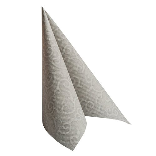 The napkin "ROYAL Collection" from PAPSTAR GmbH 50 napkins (40x40 cm, gray, 1/4-fold) stands upright against a white background and impresses with its elegant light gray color and subtle pattern.