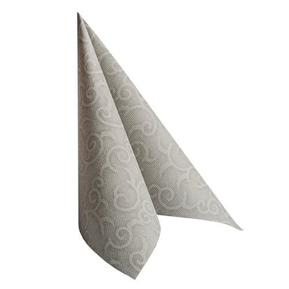 The napkin "ROYAL Collection" from PAPSTAR GmbH 50 napkins (40x40 cm, gray, 1/4-fold) stands upright against a white background and impresses with its elegant light gray color and subtle pattern.