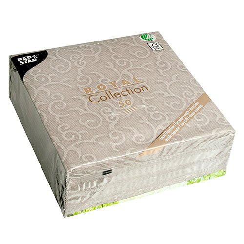 A sealed package with 50 gray PAPSTAR "ROYAL Collection" napkins (40x40 cm, 1/4-fold) from PAPSTAR GmbH - ideal for an elegantly set table.