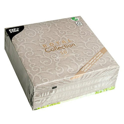 A sealed package with 50 gray PAPSTAR "ROYAL Collection" napkins (40x40 cm, 1/4-fold) from PAPSTAR GmbH - ideal for an elegantly set table.