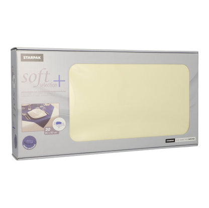 A box with 20 Starpak table covers, fabric-like, fleece “Soft Selection Plus” (80 x 80 cm), is branded and has a clear window through which the cream-colored napkins inside can be seen.