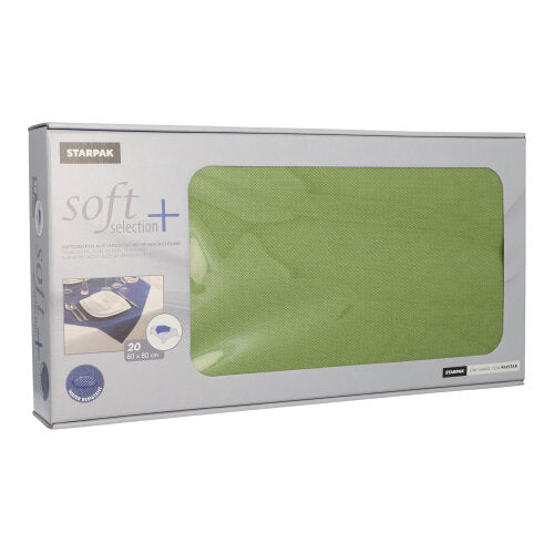 A rectangular box with 20 centerpieces from Starpak, fabric-like fleece "soft selection plus" (80 x 80 cm), contains green napkins that are visible through a transparent window on the front of the packaging.