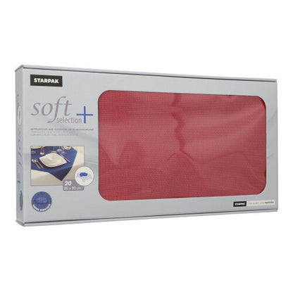A box with 20 Starpak table covers, fabric-like fleece “soft selection plus”, each 80 x 80 cm. The packaging has a transparent window and can be perfectly combined with other Starpak napkins.