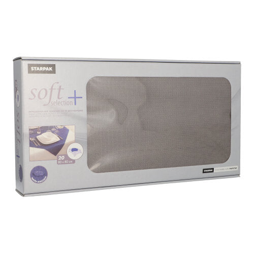A rectangular carton labeled "Starpak 20 centerpieces, fabric-like, fleece soft selection plus 80 x 80 cm" shows the predominantly gray packaging with a transparent window through which the soft selection plus centerpieces inside can be seen.