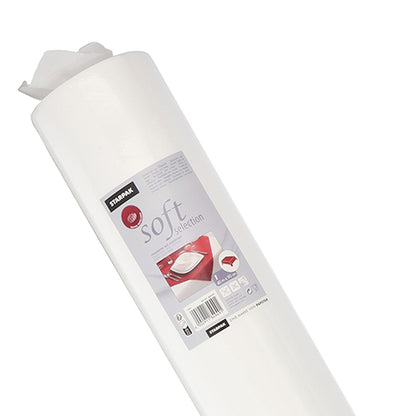 A roll of Starpak tablecloth, fabric-like fleece "Soft Selection". The packaging shows the brand name, product details, and symbols, with the image of a folded napkin on a red plate for a high-quality touch.
