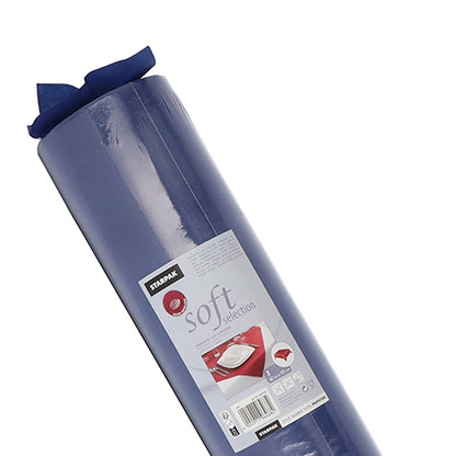 A roll of blue Starpak tablecloth "Soft Selection" with fabric-like fleece from the Starpak brand, with product symbols and details on the packaging as well as an image of the tablecloth draped over a red plate.
