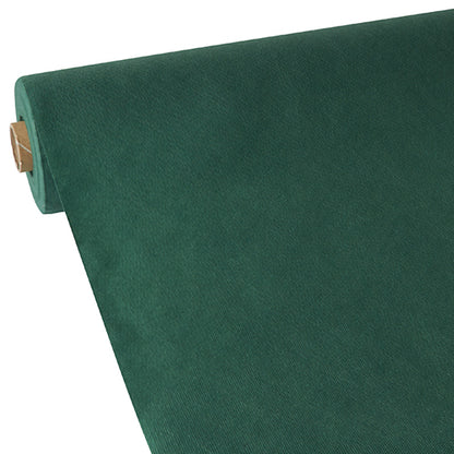 A partially rolled-out Starpak tablecloth, fabric-like, fleece "Soft Selection" from Starpak on a white background shows its dark green color, fabric-like texture, and thickness.