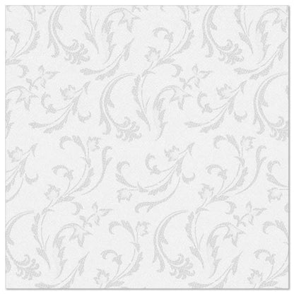 The PAPSTAR GmbH 50 napkins "ROYAL Collection" 1/4-fold 40 x 40 cm in white feature an elegant, light gray floral and leaf swirl pattern evenly distributed on a plain white background.