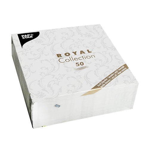 A package with 50 PAPSTAR napkins "ROYAL Collection" 1/4-fold, 40 x 40 cm, white, from PAPSTAR GmbH. The packaging is elegantly adorned with a subtle pattern and gold-black lettering.