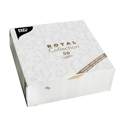 A package with 50 PAPSTAR napkins "ROYAL Collection" 1/4-fold, 40 x 40 cm, white, from PAPSTAR GmbH. The packaging is elegantly adorned with a subtle pattern and gold-black lettering.