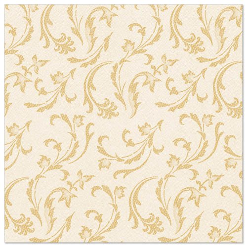 The PAPSTAR 50 napkins "ROYAL Collection" 1/4-fold 40 x 40 cm in champagne from PAPSTAR GmbH feature a classic, decorative floral and vine design in gold on a beige background, adding elegance to any set table.