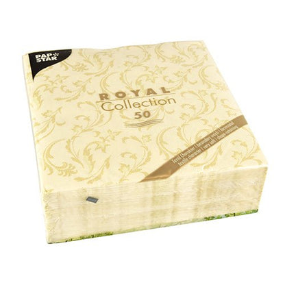 A pack of 50 PAPSTAR napkins "ROYAL Collection" (40 x 40 cm, champagne color, 1/4 folded) from PAPSTAR GmbH, plastic-wrapped with a decorative pattern and a black label in the upper left corner.