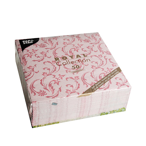 A pack of 50 PAPSTAR Napkins "ROYAL Collection" 1/4-fold, 40x40 cm, in burgundy from PAPSTAR GmbH. The square packaging highlights the elegant napkin design inside.