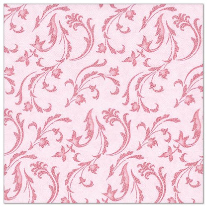The PAPSTAR GmbH 50 napkins "ROYAL Collection" 1/4 fold 40 x 40 cm in fuchsia features a subtle, intricate pattern of stylized leaves and blossoms in darker fuchsia on a light pink background.