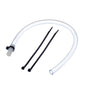 A clear hose with a black shampoo reducing valve from Diversey Deutschland GmbH & Co. OHG and two black cable ties on a white background - ideal for reducing shampoo consumption and supporting sustainability.
