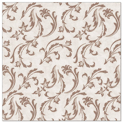 The PAPSTAR 50 napkins "ROYAL Collection" 1/4-fold 40 x 40 cm brown by PAPSTAR GmbH features a brown floral and leaf pattern with swirling tendrils and small blossoms evenly distributed across the surface.