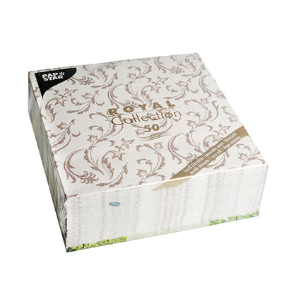 A square package of 50 brown paper napkins "ROYAL Collection" 1/4-fold 40x40 cm by PAPSTAR GmbH, in a decorated beige package with text and a golden banner with product information.