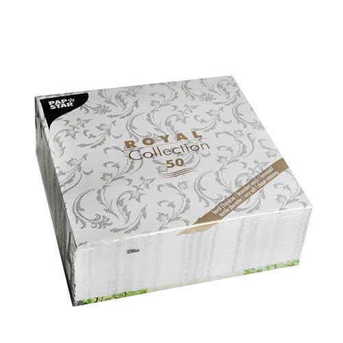 A square box of PAPSTAR 50 napkins "ROYAL Collection" 40 x 40 cm gray from PAPSTAR GmbH with 50 napkins in gray design on a white background.