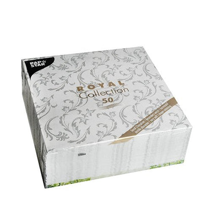 A square box of PAPSTAR 50 napkins "ROYAL Collection" 40 x 40 cm gray from PAPSTAR GmbH with 50 napkins in gray design on a white background.