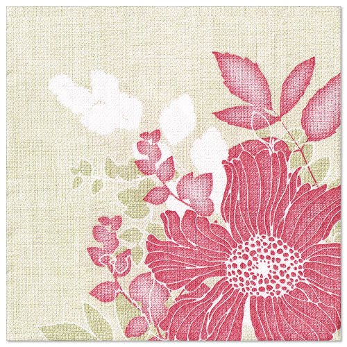 Close-up of a napkin PAPSTAR 50 napkins "ROYAL Collection" 1/4 fold 40 x 40 cm in fuchsia from PAPSTAR GmbH, against a textured background with a large fuchsia blossom, red and white leaves, and muted green and white stems.