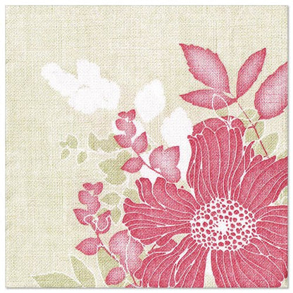 Close-up of a napkin PAPSTAR 50 napkins "ROYAL Collection" 1/4 fold 40 x 40 cm in fuchsia from PAPSTAR GmbH, against a textured background with a large fuchsia blossom, red and white leaves, and muted green and white stems.