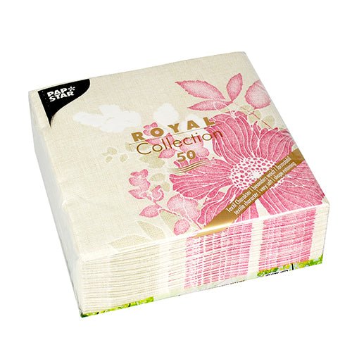 The PAPSTAR 50 napkins "ROYAL Collection" 1/4 fold 40 x 40 cm in fuchsia from PAPSTAR GmbH are an elegant package with floral design, perfect for stylish occasions.