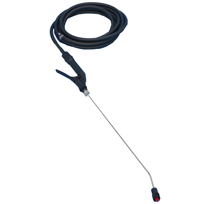The Diversey Deutschland GmbH spray lance with hose for TASKI aquamat (1 piece) features a coiled black hose and a spray lance with nozzle, perfect for cleaning tasks; depicted on a plain white background.