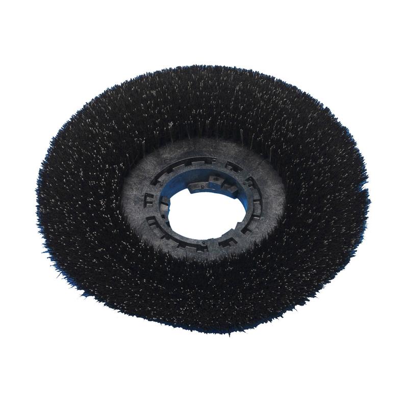 The spray brush (Ø 43 cm) from Diversey Deutschland GmbH & Co. OHG is a black scrubbing head with stiff bristles and a central mounting hole, suitable for TASKI ergodisc models 165, 200, duo, and 400. Package: 1 piece.