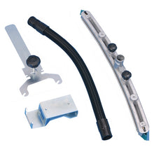 Four components for the Fixomat for TASKI vacumat 44T from Diversey Deutschland GmbH & Co. OHG, including a flexible hose, a curved rod with knobs, a bracket, and a flat piece, are neatly arranged on a white background.