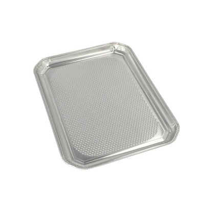 The Starpak 3 serving plates, aluminum from Starpak, are rectangular disposable aluminum trays with raised edges and a textured bottom, ideal for elegant presentations or as serving plates, depicted on a white background.