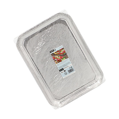 Starpak 3 serving plates, aluminum: A pack of three rectangular disposable aluminum plates from Starpak, wrapped in plastic and with a labeled packaging featuring an appetizing food image for an elegant presentation.