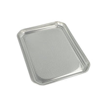 The Starpak 5 serving platters, aluminum rectangular 35 cm x 26 cm, are rectangular aluminum trays with a slightly raised edge and textured underside, ideal for the catering industry, hygienically packaged in shrink wrap.