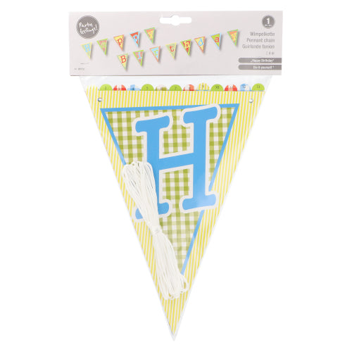 The PAPSTAR bunting "Happy Birthday" (4 m, lacquered paper) from PAPSTAR GmbH is ideal for birthday decorations, with colorful pennant flags and an exemplary birthday image on the top label. Includes white string.