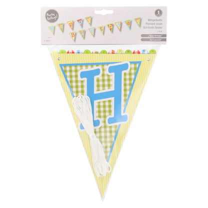The PAPSTAR bunting "Happy Birthday" (4 m, lacquered paper) from PAPSTAR GmbH is ideal for birthday decorations, with colorful pennant flags and an exemplary birthday image on the top label. Includes white string.