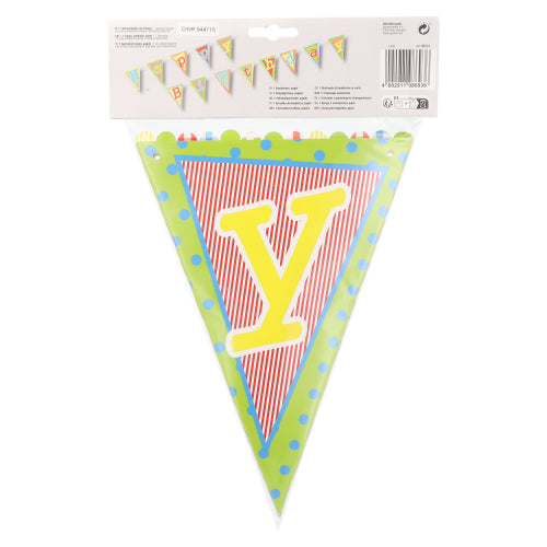 PAPSTAR GmbH bunting "Happy Birthday": 4m long banner in red/white stripes with yellow lettering and colorful edges - ideal birthday decoration. Made from lacquered paper, 1 piece per package.