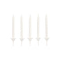 Five unlit white PAPSTAR birthday candles 6 cm with holder (PAPSTAR GmbH, blister pack of 24 pieces) are arranged in a straight horizontal line on a solid white background.