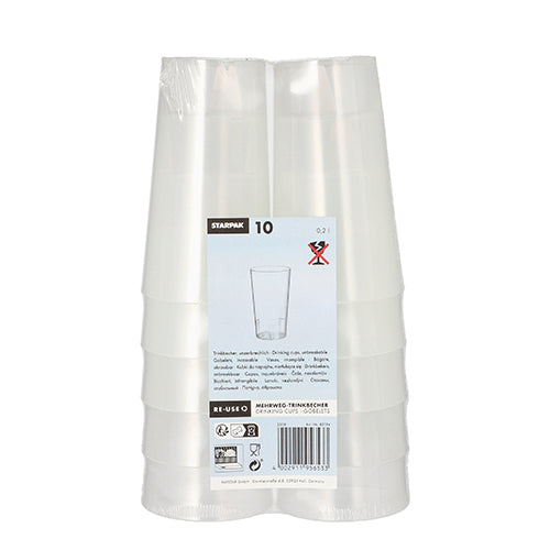 Starpak 10 reusable drinking cups from the brand Starpak are packaged in plastic. The label contains product information, barcode, as well as symbols for environmentally friendly reuse and the unsuitable use for hot beverages.