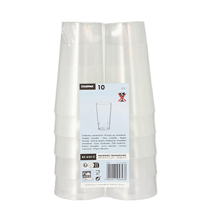 Starpak 10 reusable drinking cups from the brand Starpak are packaged in plastic. The label contains product information, barcode, as well as symbols for environmentally friendly reuse and the unsuitable use for hot beverages.